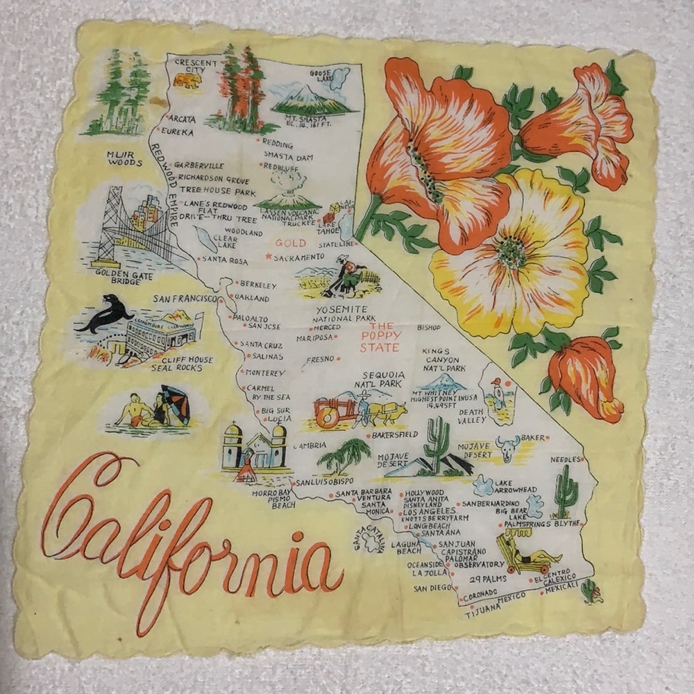 Vintage—CALIFORNIA-STATE— HANKERCHIEF—12 x 12” Yellow/Orange